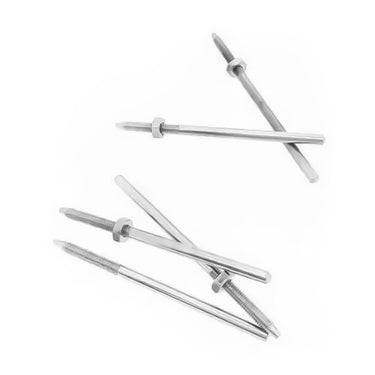 Group of threaded steel pointed taper mandrels with hex nuts stacked on a white background.