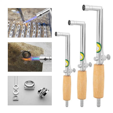Jewelry soldering torches displayed with soldering bench process insets and finished rings.