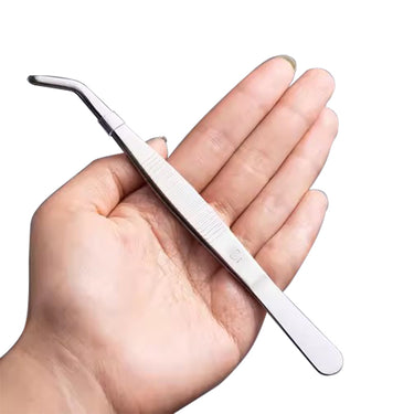 Long bent-tip stainless steel utility tweezer held in palm showing ribbed non-slip grip body.