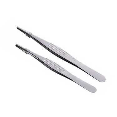Pair of large straight blunt-tip stainless steel tweezers with ribbed gripping section.