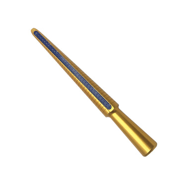 Reverse angle view of the gold jewelry sizing stick mandrel showing engraved size lines.