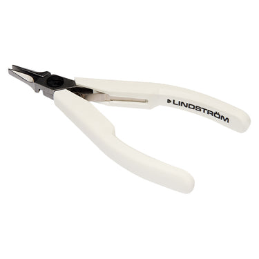 Angled view of Lindstrom 7490 flat nose pliers featuring white ESD-safe handles.