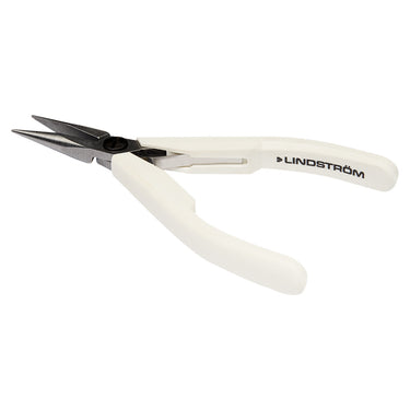 Perspective view of Lindstrom 7890 Supreme Series snipe nose plier with white grips.