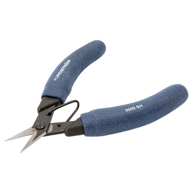 Perspective view of Lindstrom HS6000 multipurpose shear with blue ergonomic foam grips.