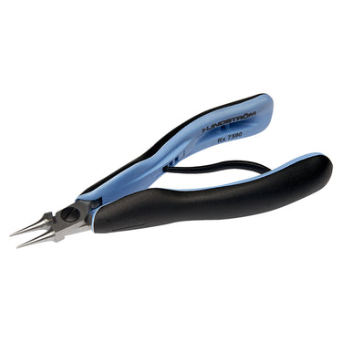 Perspective view of Lindstrom RX7590 round nose plier with ergonomic blue/black grips.