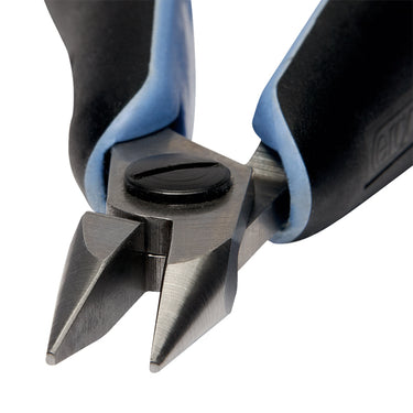 Detailed angled macro shot of the Lindstrom RX7893 smooth jaw plier tips and joint.