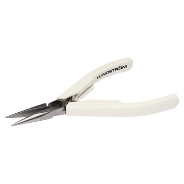 Detailed view of the ergonomic white handle grips on a Lindstrom Supreme plier.