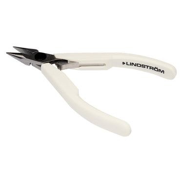 Angled view of Lindstrom 7893 Supreme Series pliers with white ESD-safe grips.