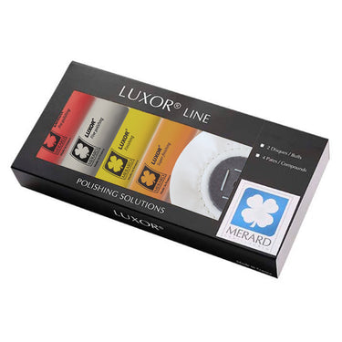 Angled view of LUXOR Merard jewelry polishing kit packaged in black window box.