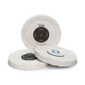 Group of three LUXOR MERARD TPB 150mm 75-ply white technical canvas buffing wheels with stitched rows.