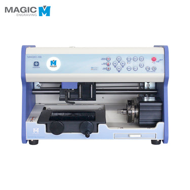 Front view of Magic-5S engraving machine showing control panel and rotary chuck.
