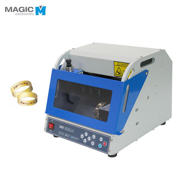Magic-R ring engraving machine showing a graphic example of two engraved gold wedding bands on the left