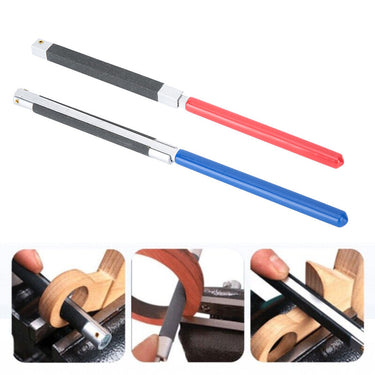 Blue round and red flat sandpaper holders with lower panels showing jewelry and wood polishing applications