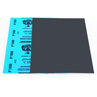 Matador P1500 grit waterproof sand paper sheet showing the dark grey abrasive face and blue backing paper