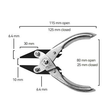 Technical dimensions for the 125mm Maun parallel plier showing jaw opening and handle length.