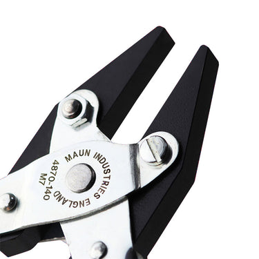 Detailed shot of the smooth jaw surface and parallel head mechanism of a Maun plier.