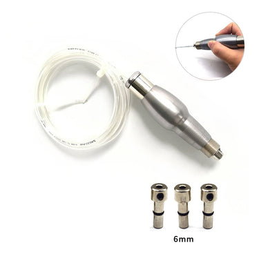 MaxSet long graving handpiece shown with clear air hose, 6mm quick-change collets, and grip inset.