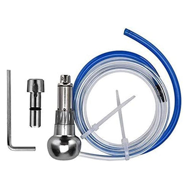 Vertical layout view of MaxSet standard pneumatic graving handpiece, chuck, wrench, and tubing.