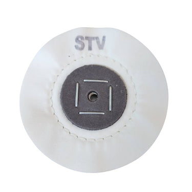 Close-up of Merard STV cotton buffing wheel with center leather washer and stitching detail.