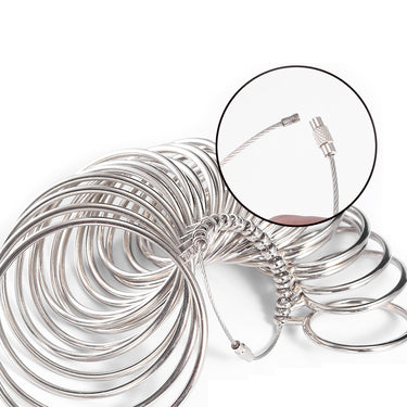 Close-up detail showing the open screw barrel clasp on the wire loop of a bangle sizer set.
