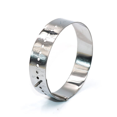 Angled top view of a shiny stainless steel bangle and bracelet sizing loop tool.