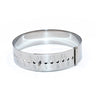 Front view of a round steel bracelet gauge tool showing metric size measurements and a sizing pin.