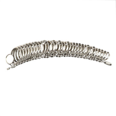 A silver metal ring sizer gauge tool laid out horizontally in a single line.