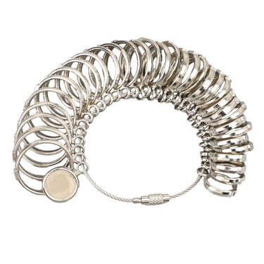 Silver metal ring sizer measuring set with an arched arrangement on a wire loop.