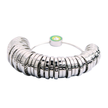 Detailed shot focusing on the variety of metal ring gauges with different size markings in the set.