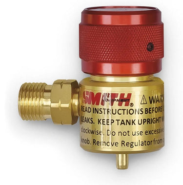 Miller Smith preset propane and fuel gas cylinder regulator featuring red anodized control knob.