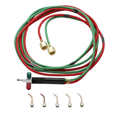 Miller Smith The Little Torch handle connected to dual gas hoses shown with five assorted soldering tips.