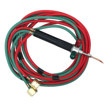Top-down view of Miller Smith The Little Torch handle, fitted curved tip, braided hoses, and brass fittings.