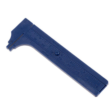 A perspective view of a fully closed blue plastic pocket caliper ruler against a white background.