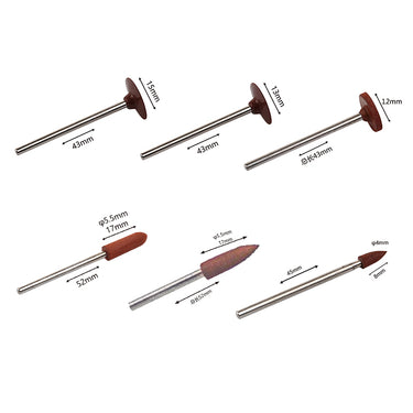 Technical dimension diagram for six brown rubber polishing wheels and knife edge points.