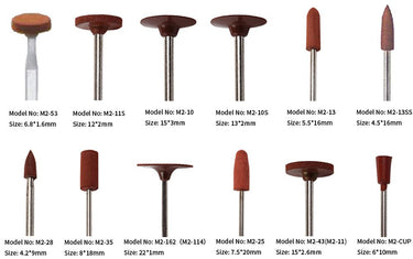 Specifications and model numbers for the twelve piece brown rubber polishing points and wheels set.