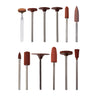 Twelve assorted brown rubber polishing points and wheels mounted on silver metal shanks.