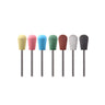 Seven multi-colored 10x18mm miniature silicon polishing points standing vertically on metal shanks