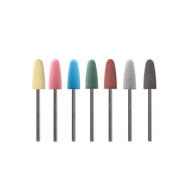 Seven multi-colored 10x24mm miniature silicon polishing points standing vertically on metal shanks