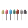 Seven multi-colored 13x20mm miniature silicon polishing points standing vertically on metal shanks