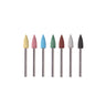 Seven multi-colored 4x12mm miniature silicon polishing points standing vertically on metal shanks