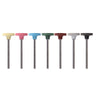 Seven multi-colored 5x16mm miniature silicon polishing points standing vertically on metal shanks