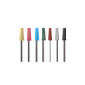Seven multi-colored 6x16mm miniature silicon polishing cones standing vertically on metal shanks