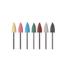 Seven multi-colored 8x18mm miniature silicon polishing points standing vertically on metal shanks