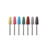 Seven multi-colored 8x20mm miniature silicon polishing points standing vertically on metal shanks