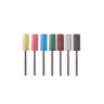 Seven multi-colored cylindrical 8x20mm miniature silicon polishing points standing vertically on metal shanks