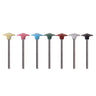 Seven multi-colored 12x0.8mm miniature silicon knife edge wheels standing vertically on metal shanks