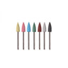 Seven multi-colored tapered 6x16mm miniature silicon polishing points standing vertically on metal shanks