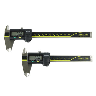 Pair of Mitutoyo Absolute AOS Digimatic calipers in 100mm and 150mm sizes.