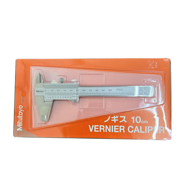 Mitutoyo 10cm vernier caliper in original orange retail blister packaging.