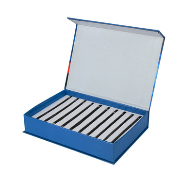 Right-angled view of the open blue presentation box containing a full set of Mohs gemological hardness pencils.